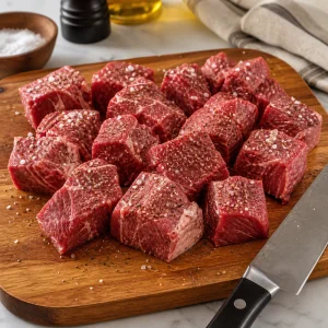 Beef chuck cubes seasoned with salt and pepper on a cutting board