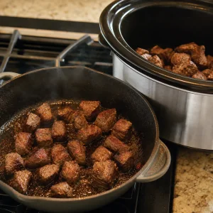 Beef cubes browning in a skillet before being transferred to a slow cooker