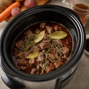 Beer broth bay leaves and thyme added to browned beef in the slow cooker