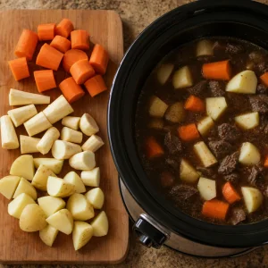Chopped carrots parsnips and potatoes added to the slow cooker stew