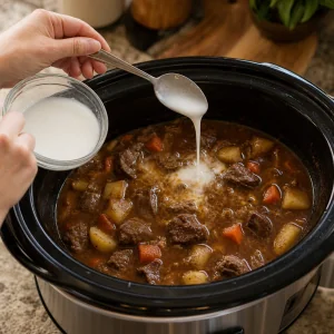 Cornstarch slurry stirred into beef stew to thicken the broth