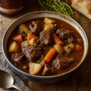 Stufato di manzo e birra in slow cooker pronto con ortaggi a radice e timo
