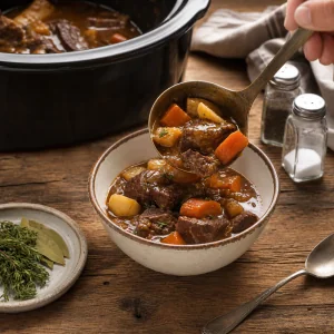 Hot beef and beer stew ladled into a bowl with root vegetables