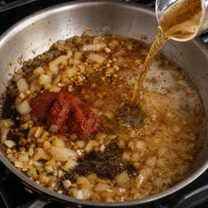 Onion garlic tomato paste and beer deglazing browned bits in a skillet