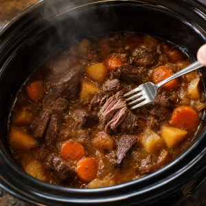 Tender slow-cooked beef stew with root vegetables being pulled apart with a fork
