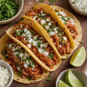 Chicken tinga tacos filled and topped with onion, cilantro, cotija, and lime