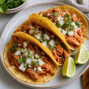 Finished chicken tinga tacos with onion, cilantro, cotija, and lime