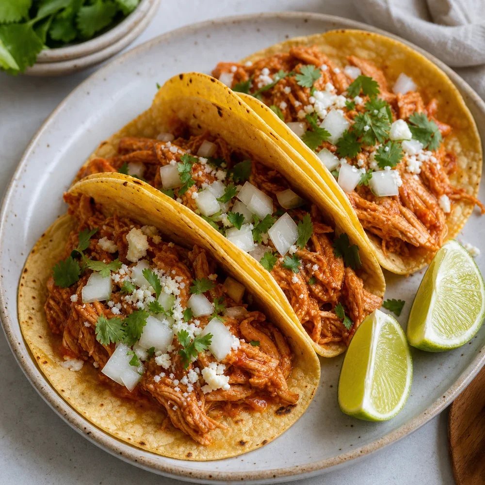 Finished chicken tinga tacos with onion, cilantro, cotija, and lime