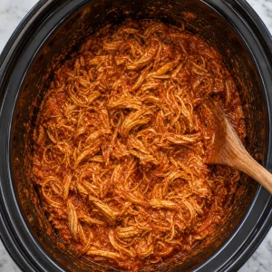 Shredded chicken stirred into thick tomato-chipotle sauce