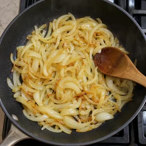 Sliced onions cooking in olive oil until lightly golden
