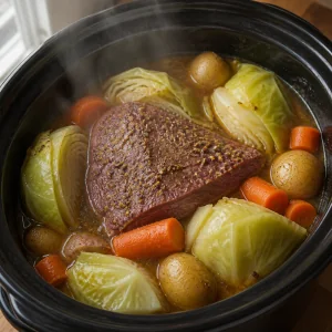 Cabbage wedges nestled into the cooking liquid around the beef.