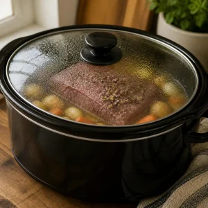 Covered slow cooker gently cooking the corned beef on low.