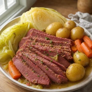 Finished slow cooker corned beef served with cabbage, potatoes, and carrots.