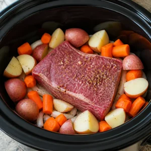 Potatoes and carrots arranged around the corned beef brisket.
