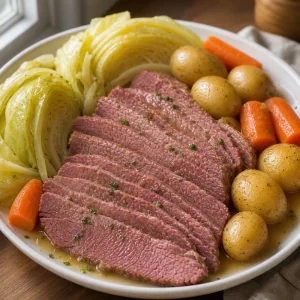 Sliced corned beef served with cabbage, potatoes, carrots, and cooking liquid.