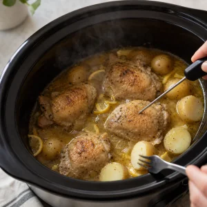 Checking cooked chicken and tender potatoes for doneness