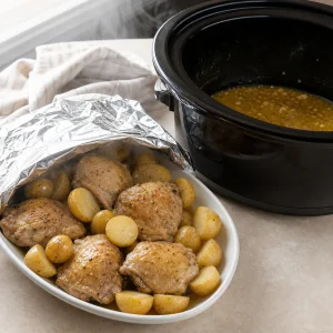 Cooked chicken and potatoes tented with foil