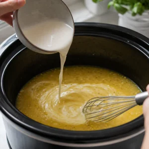 Cream slurry whisked into the cooking liquid