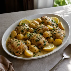 Creamy lemon chicken and baby potatoes on a serving platter