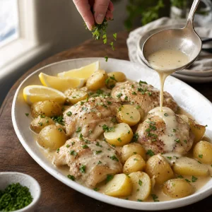 Creamy lemon sauce and parsley added to chicken and potatoes