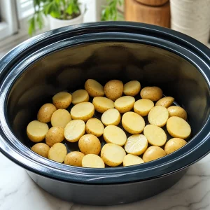 Halved baby potatoes arranged in a slow cooker