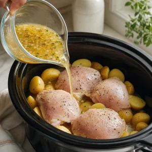 Lemon garlic broth poured around chicken thighs
