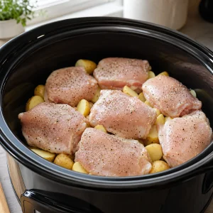 Seasoned chicken thighs arranged over potatoes