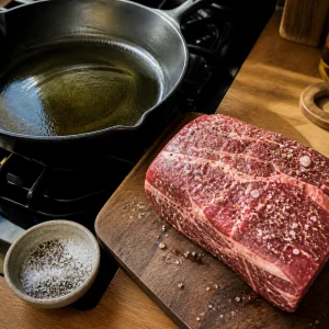 Beef roast seasoned with salt and pepper beside a skillet of hot canola oil