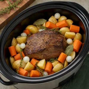 Carrots potatoes pearl onions bay leaves and thyme added around the roast in a slow cooker