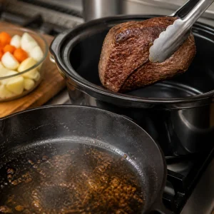 Deeply browned beef roast being transferred from skillet into the slow cooker