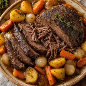 Finished slow cooker German-style pot roast with root vegetables in rich brown gravy
