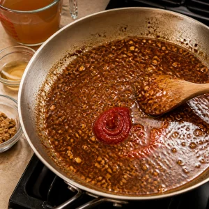 Garlic broth vinegar brown sugar and tomato paste stirred into a glossy sauce