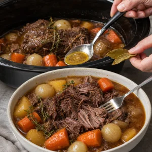Tender cooked pot roast served with root vegetables while bay leaves are removed and gravy is skimmed