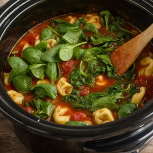 Baby spinach wilting into tomato tortellini soup
