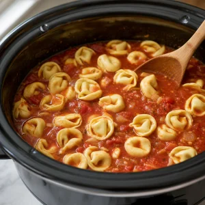 Cheese tortellini cooking in tomato broth