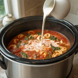 Cream poured into tomato tortellini soup