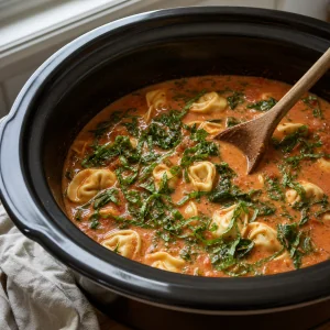 Fresh basil stirred into creamy tortellini soup