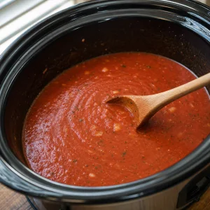 Seasoned tomato broth stirred in the slow cooker