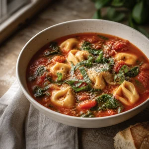 Tomato basil tortellini soup with spinach and Parmesan