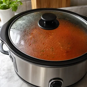 Tomato broth cooking under the covered slow cooker lid