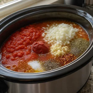 Tomato soup ingredients added to an open slow cooker