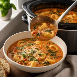 Tortellini soup ladled into a bowl with basil and Parmesan