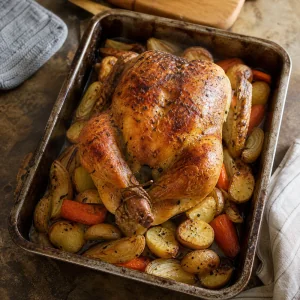 Golden roasted whole chicken resting with potatoes carrots and onions