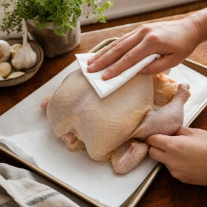 Whole chicken patted dry with paper towels before roasting