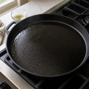 A hot cast-iron skillet with shimmering oil ready for cooking smash burger patties.
