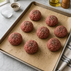 Eight loose ground beef balls seasoned with salt and pepper on parchment before smashing.