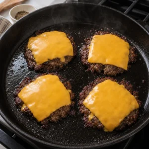 Flipped smash burger patties topped with American cheese melting over crispy browned edges.