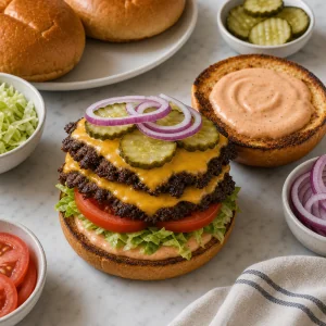 Smash burger assembled with sauce, lettuce, tomato, double cheesy patties, pickles, and red onion.