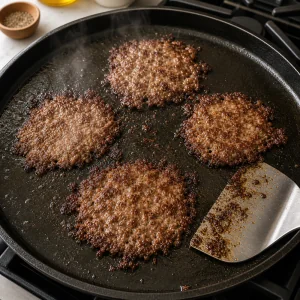 Thin smash burger patties cooking until deep brown crust and crispy lacy edges form.