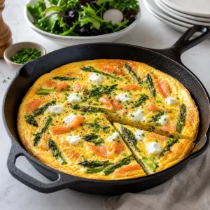 Frittata terminada de salmon ahumado y esparragos reposando con una porcion cortada